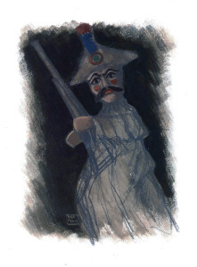 Le Guarattelle tra Pulcinella Teresina e la Morte, 2003, di Roberto De Simone, editore Franco Di Mauro Napoli, 16 tavole fuori testo di Gennaro Vallifuoco. Copertina del volume