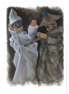 Le Guarattelle tra Pulcinella Teresina e la Morte, 2003, di Roberto De Simone, editore Franco Di Mauro Napoli, 16 tavole fuori testo di Gennaro Vallifuoco. Copertina del volume