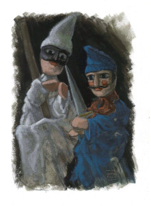 Le Guarattelle tra Pulcinella Teresina e la Morte, 2003, di Roberto De Simone, editore Franco Di Mauro Napoli, 16 tavole fuori testo di Gennaro Vallifuoco. Copertina del volume