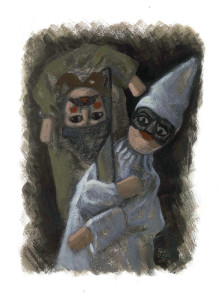 Le Guarattelle tra Pulcinella Teresina e la Morte, 2003, di Roberto De Simone, editore Franco Di Mauro Napoli, 16 tavole fuori testo di Gennaro Vallifuoco. Copertina del volume