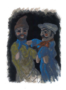 Le Guarattelle tra Pulcinella Teresina e la Morte, 2003, di Roberto De Simone, editore Franco Di Mauro Napoli, 16 tavole fuori testo di Gennaro Vallifuoco. Copertina del volume