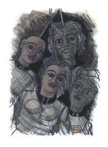 Le Guarattelle tra Pulcinella Teresina e la Morte, 2003, di Roberto De Simone, editore Franco Di Mauro Napoli, 16 tavole fuori testo di Gennaro Vallifuoco. Copertina del volume