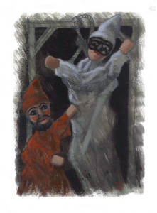 Le Guarattelle tra Pulcinella Teresina e la Morte, 2003, di Roberto De Simone, editore Franco Di Mauro Napoli, 16 tavole fuori testo di Gennaro Vallifuoco. Copertina del volume