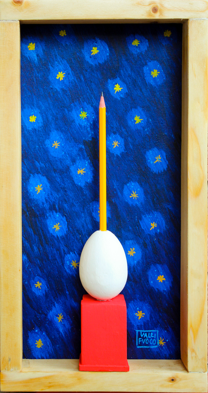Una matita nell'uovo no?...perché no! 2015 Omaggio ad Ettore Scola Assemblaggio di oggetti e acrilico su MDF cm 45x20
