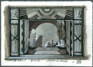 Bozzetto di scena La piazza di Bironia