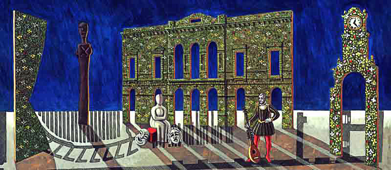 omaggio a Giorgio De Chirico bozzetto per sipario dipinto del Teatro comunale "Carlo Gesualdo" tempera acrilica su cartoncino cm 40x80
