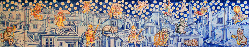 Allegorie con gatti sui tetti di Parigi Pannello in Ceramica Anno 2014 cm 40x200