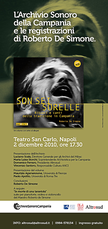 Locandina spettacolo L'archivio sonoro della Campania e le registrazioni di Roberto De Simone 2010 Teatro San Carlo Napoli
