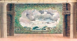 Modellino in scala, scena il giardino con sfondo del mare Idomeneo anno 1989 Opera lirica di Wolfgang Amadeus Mozart, spettacolo per marionette, Associazione Musicale Agimus, Firenze