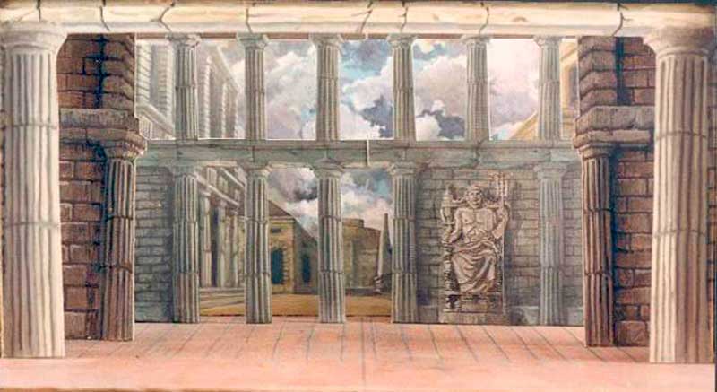 Modellino in scala, scena interno del Tempio di Nettuno Idomeneo anno 1989 Opera lirica di Wolfgang Amadeus Mozart, spettacolo per marionette, Associazione Musicale Agimus, Firenze