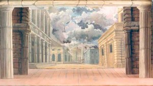 Modellino in scala, scena interno del Tempio di Nettuno Idomeneo anno 1989 Opera lirica di Wolfgang Amadeus Mozart, spettacolo per marionette, Associazione Musicale Agimus, Firenze