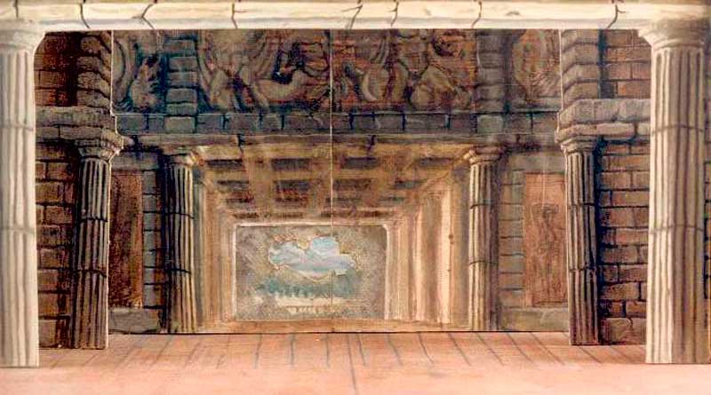 Modellino in scala, scena palazzo reale con galleria Idomeneo anno 1989 Opera lirica di Wolfgang Amadeus Mozart, spettacolo per marionette, Associazione Musicale Agimus, Firenze