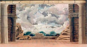 Modellino in scala, scena scogli con mare in tempesta Idomeneo anno 1989 Opera lirica di Wolfgang Amadeus Mozart, spettacolo per marionette, Associazione Musicale Agimus, Firenze