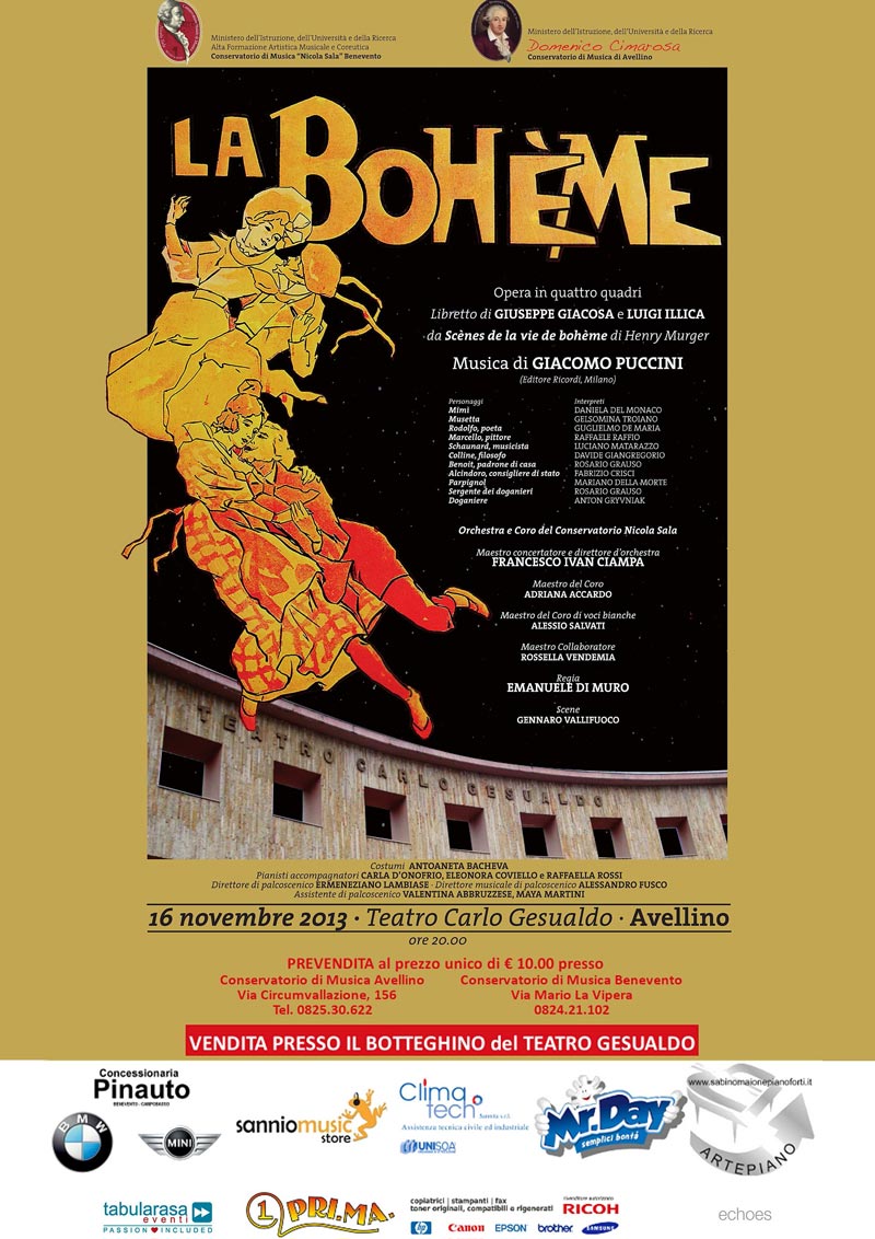 La bohème è un’opera lirica in quattro quadri di Giacomo Puccini, su libretto di Giuseppe Giacosa e Luigi Illica.