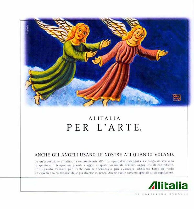illustrazione per la campagna pubblicitaria aziendale per il trasporto di opere d'Arte nel mondo, a cura di ALITALIA per l'arte 1997, tavola Olio su tela cm 40x30